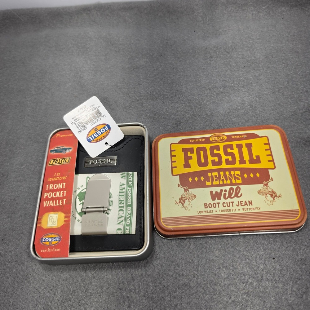 Fossil Mens Black Leather Cruiser ID Window Front Pocket Wallet Money Clip Tin